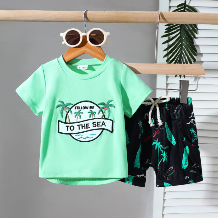 Beach-Style Embroidery T-Shirt And Shorts Set